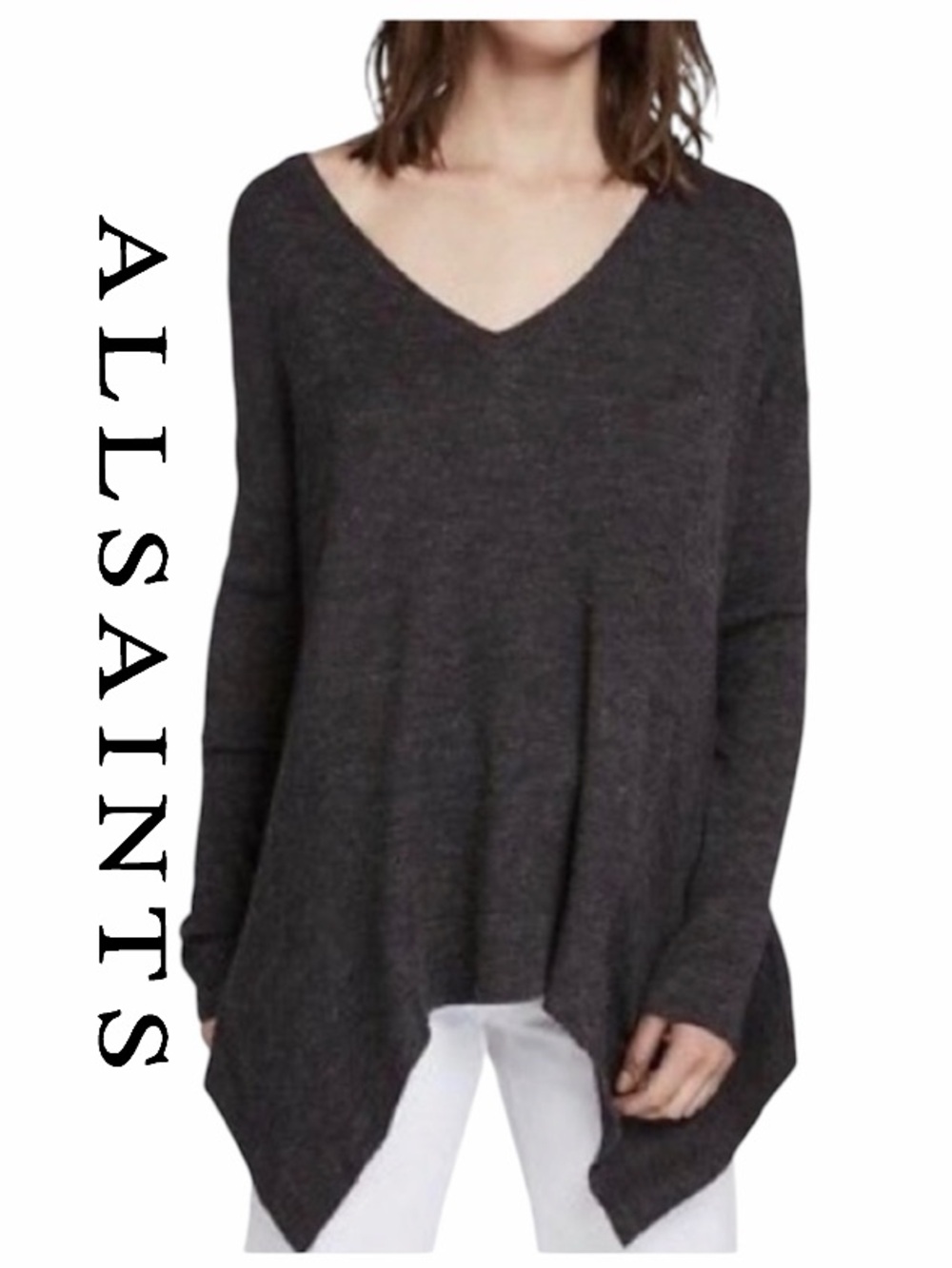 All Saints Italian Yarn Alpaca Gray V-Neck Tunic Sweater with Asymmetric Hem S